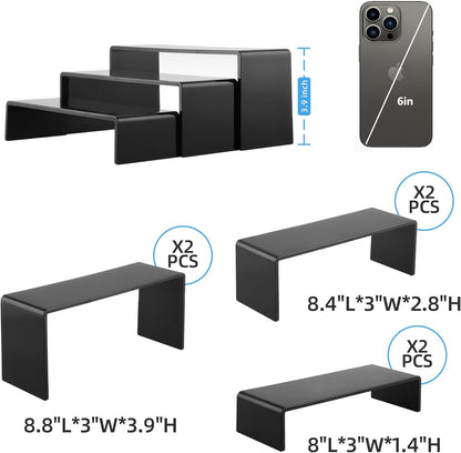 Goabroa Black Acrylic Display Risers, 3 Tiers 2 Set (6 Pcs) Acrylic Shelves Organizer Display Stand, Conutertop Desktop Stands for Decoration and Organizer
