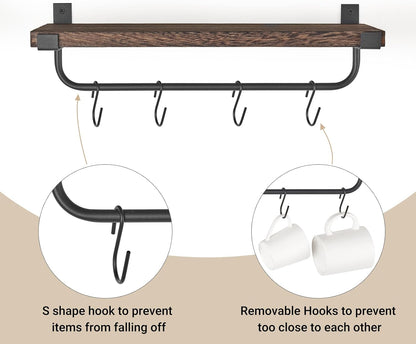 Mkono Mug Holder Wall Mounted Coffee Mug Rack Set of 2 Rustic Floating Shelf for Coffee Bar Accessories Wood Tea Cup Hooks Hanger for Organizing Cooking Utensils, Home Kitchen Decor, Brown
