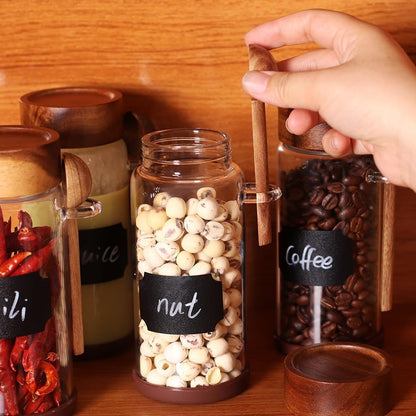 SAIOOL High Bprosilicate Glass 4 Pack Spice Jars with Label and Spoons,Overnight Oats Containers with Acacia Airtight Lids,Glass Food Storage Jars, Coffee Bar (Acacia 11.5 OZ*4)