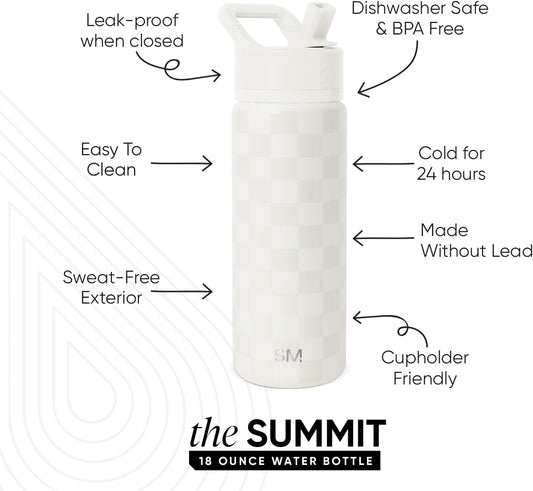 Simple Modern Kids Water Bottle with Straw Lid | Vacuum Insulated Stainless Steel Metal | Reusable Leak Proof BPA-Free Thermos for School | Summit Collection | 18oz, Cream Checkmate