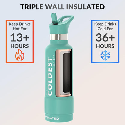 Coldest Insulated Water Bottle with Straw Lid - Stainless Steel Metal Insulated Bottle for Men & Women (Terraform Green, 21 oz)
