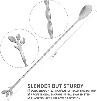 AnSaw Silver 12-Inch Stainless Steel Cocktail Spoon with Leaf Handle - Perfect for Mixing & Layering Drinks in Tall Cups, Bar & Shakers - Durable Long Handle Bar Stirrer,2-Pieces