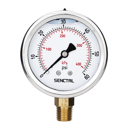 SENCTRL 60 Psi Glycerin Liquid Filled Low Pressure Gauge, 2.5" Dial Size, 1/4" NPT Lower Mount, Stainless Steel Case, Pool Sand Filter Water Pump Tire Water Oil Air Pressure Test