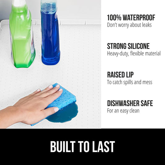 GORILLA GRIP Waterproof Silicone Under Sink Mat with Raised Lip for Kitchen and Bathroom, 28 x 22 in, Cabinet Shelf Liner Stay in Place Mats Dishwasher Safe Drawer Liner, Organizer Tray, White