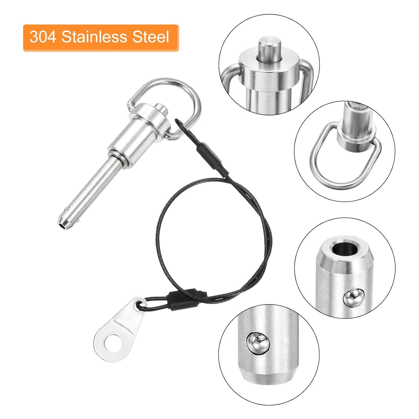 uxcell 2 Pcs Quick Release Pin, 1/4" x 0.8" Silver Stainless Steel Ball Locking Pin with Wire for Audio Bimini Top Marine