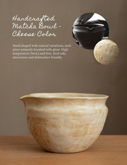 6-pcs Japanese Matcha Whisk Set with Handmade Wabi-Sabi Ceramic Bowl(Chawan),Bamboo Chasen, Whisk Holder, Scoop, Sifter & Tea Towel,Matcha Ceremony Kit,(Cheese-Colored)