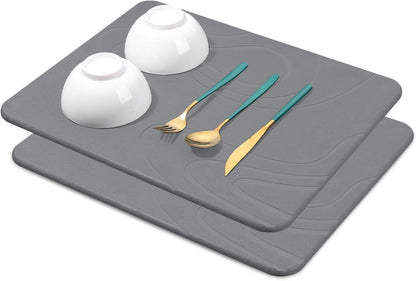 2 Pack Stone Dish Mat for Kitchen Counter, Dirt-Resistant Quick Drying Fast Absorbent Non-Slip Diatomite Mat, Natural Diatomaceous Earth Dish Drying Pad (Dark Grey)