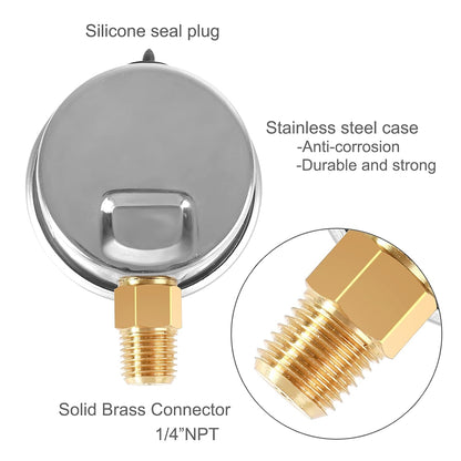 Glycerin Filled Pressure Gauge 1000psi/70bar, Stainless Steel case, Brass Inside Construction, 2-1/2" dial, 1/4" NPT Rear Connection.