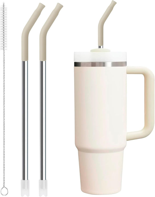 Snowfall Metal Straw Reusable for Stanley 30 OZ, 2 Pcs Long Stainless Steel Drinking Straws with Silicone Tip, 1 Straw Brush, BPA Free (Cream Gray)