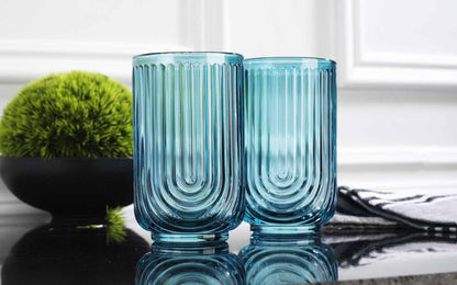 Glaver's Vintage Glassware Art Deco Highball Glasses Set of 4 Blush Ribbed Drinking Glasses 17 Oz U-Shape Arch Design Colored Cocktail Kitchen Tumblers Everyday Dinner Decorative Party, Blue