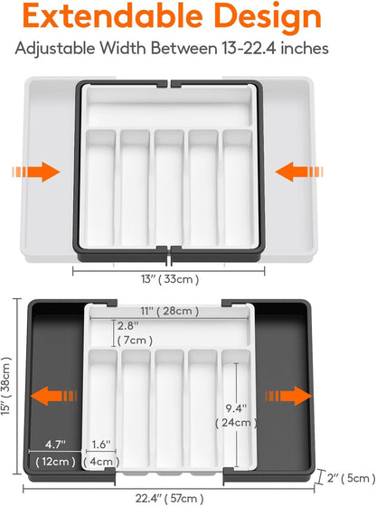 Lifewit Silverware Drawer Organizer, Expandable Utensil Tray for Kitchen, BPA Free Flatware and Cutlery Holder, Adjustable Plastic Storage for Spoons Forks Knives, Large, White&Black