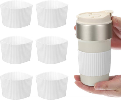 uxcell 6Pack Coffee Cup Sleeves, Reusable Silicone Heat Resistant Cup Protective Sleeve Nonslip Mug Protector Cover for Home Travel Coffee Mug Glasses Water Bottle Boots, White