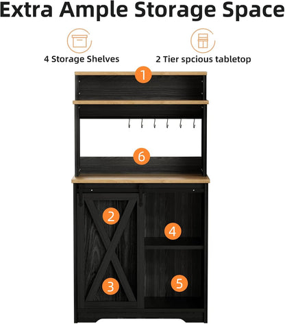 Farmhouse Coffee Bar with 3 Tier Storage Hutch, 56 Inch Small Bar Station with 6 Hooks, Corner Table with Adjustable Shelves for Living Dining Room (Black)