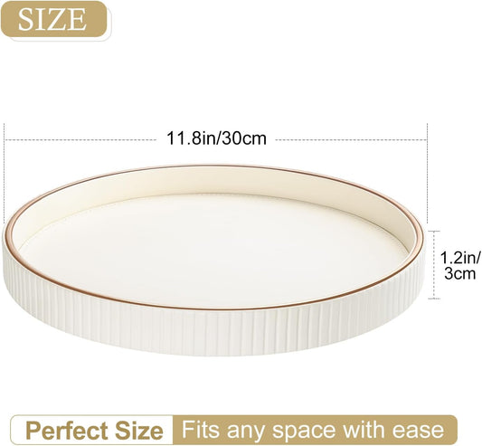 GORESE Round Decorative Serving Tray for Coffee Table Decor, 12" PU Leather Table Centerpiece Home Decor, Valet Tray for Trinket Jewelry Perfume Key, Ottoman Tray Nightstand Organizer, Cream White