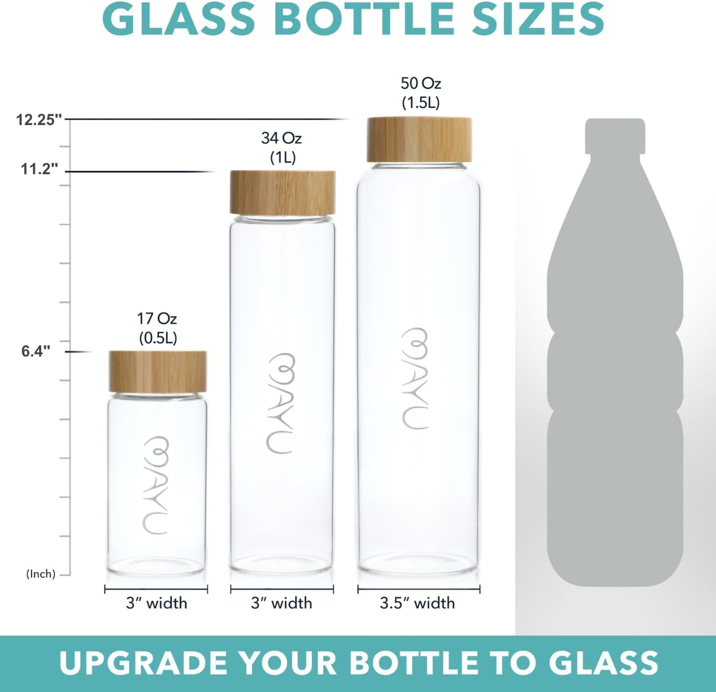 mayu Portable Container Water Bottle With Bamboo Lid - Eco Friendly & BPA Free Borosilicate Glass Infuser Bottle - Leak Free Design - For Storage, Everyday Use And Non-Toxic Hydration - 51oz 1.5L