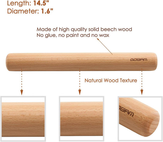 GOBAM Wood Rolling Pin, Large - Dough Roller for Pasta, Cookies, Pie, Pizza, Chapati, Fondant, Rolling Pins for Baking, Bread Making Tools and Supplies - 14.5 x 1.6 Inches