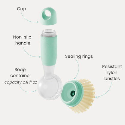 Vigar Rengo Soap Dispensing Dish Brush, Dish Brush with Soap Dispenser for Pot Scrubber, Dishes, Sink Cleaner, and Kitchen Essentials, Turquoise