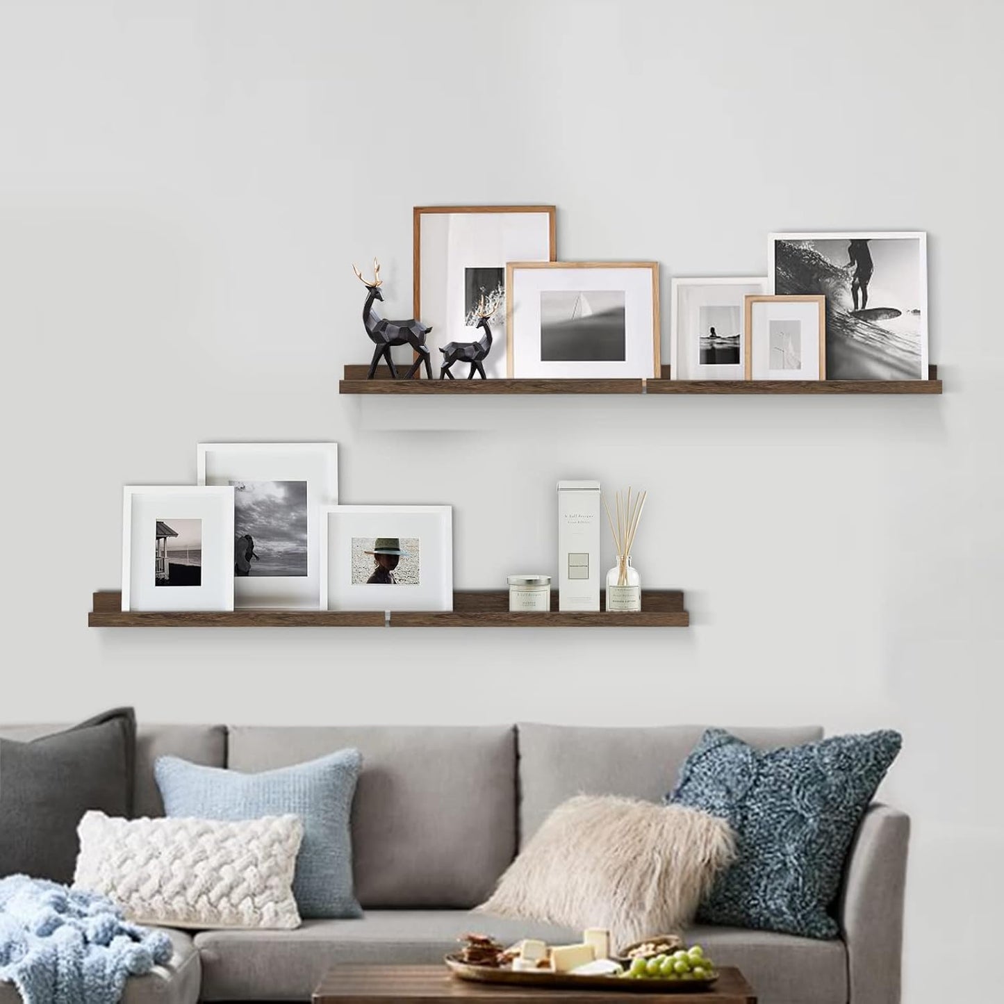 Forbena 24 Inch Rustic Picture Ledge Shelf Set of 4, Wooden Floating Shelves with Lip for Wall, Wide Farmhouse Hanging Photo Ledge Shelves for Bedroom Living Room Books (Solid Wood, Dark Brown)