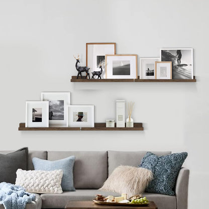 Forbena 24 Inch Rustic Picture Ledge Shelf Set of 4, Wooden Floating Shelves with Lip for Wall, Wide Farmhouse Hanging Photo Ledge Shelves for Bedroom Living Room Books (Solid Wood, Dark Brown)