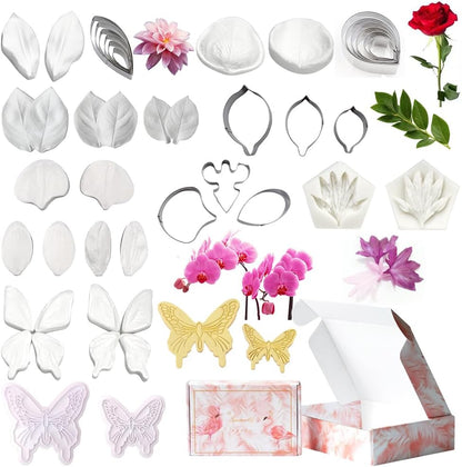 AK ART KITCHENWARE Silicone Veiner Stainless Steel Fondant Cutter Set for Gum Paste Flower Leaf Sugar Craft Tools Cake Decorating Supplies Silicone Veining Molds Moulds for Wedding with Christmas Box
