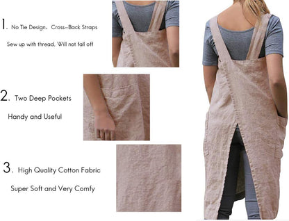 Women's Pinafore Square Apron Baking Cooking Gardening Works Cross Back Cotton/Linen Blend Dress with 2 Pockets