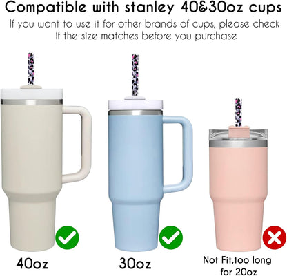 AIERSA 6 Pack Leopard Straw Replacement 40oz for Stanley,Plastic Reusable Straw for Stanley Adventure Quencher Travel Tumbler,Long Straws with Cleaning Brush for Stanley Cup Accessories