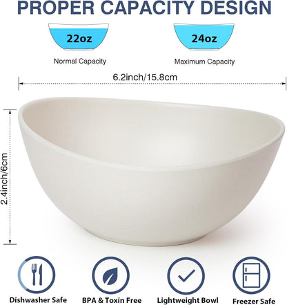 6.2'' Bamboo Fiber Cereal Bows Set of 6, Soup Bowls 24 Oz for Serving Salad, Snack, Side Dishes, Modern Oval Lightweight Bowls for Breakfast, Lunch and Dinner, Dishwasher and Freezer Safe(Matte White)