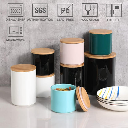 Sweejar Ceramic Kitchen Canister Sets, Porcelain Container for Countertop, Heavy Food Storage Jars with Airthight Seal Bamboo Lid, Servering for Sugar, Coffee Beans, Tea Leaves, Pack of 4（White）