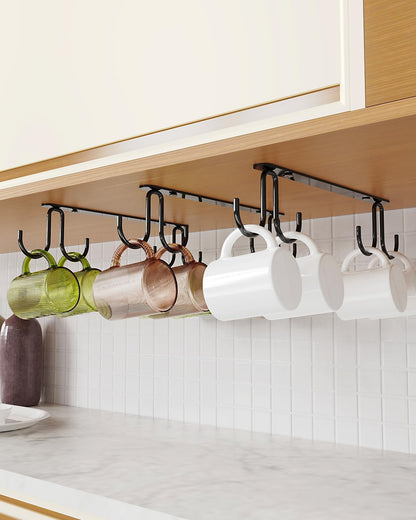 Mug Hooks Under Cabinet 3 Pack, Metal Cup Hooks for Hanging Under Shelf, Mug Organizer Rack with 12 Hooks for Displaying Mugs, Coffee Cups and Kitchen Utensils, Black