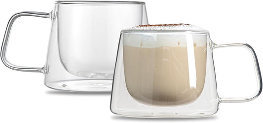Restaurantware-Forma Professional 6.8 Ounce Double Wall Coffee Mugs, 2 Insulated Coffee Mugs With Handle - Dishwashable, Reusable, Clear Glass Beverage Cups, Freezable, For Hot Or Cold Beverages