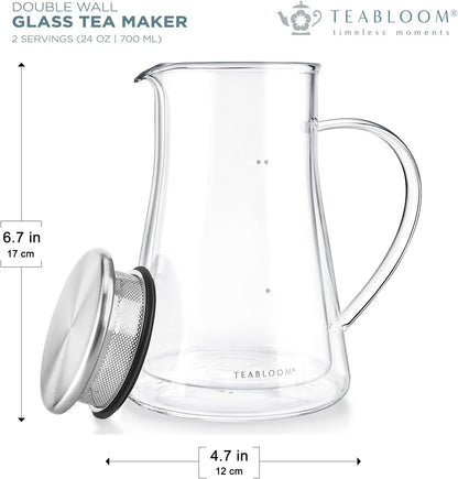 Teabloom Insulated Teapot Keeps Tea Hot – Tea Maker For Two (24 oz) – Double Wall Heatproof Glass Tea Steeper with Stainless Steel Filter Lid for Loose Leaf Tea