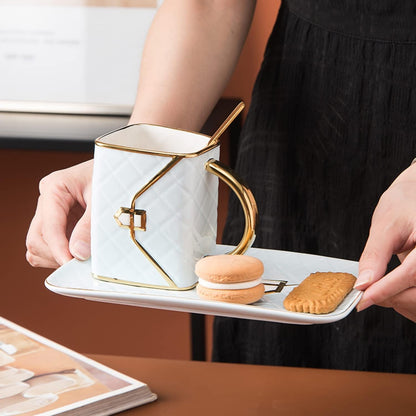 YnsfreeCeramic Purse Coffee Mugs Set Tea Cup Unique Bag shaped mug and Saucer Set with Spoon and Saucer For Women Thanksgiving Christmas Gifts (White)