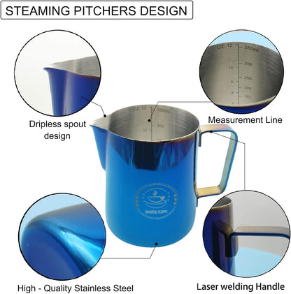 Milk Frother Cup,Milk Frothing Pitcher 12 oz,Steam Pitcher,Espresso Machine,Espresso Frother Cup Blue