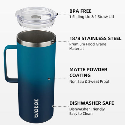 BJPKPK Insulated Coffee Mug with 2 Lids, 32oz Stainless Steel Insulated Tumbler with Handle, Double Wall Vacuum Coffee Cups, BPA Free Travel Mug for Coffee, Tea and Drinks, Vast