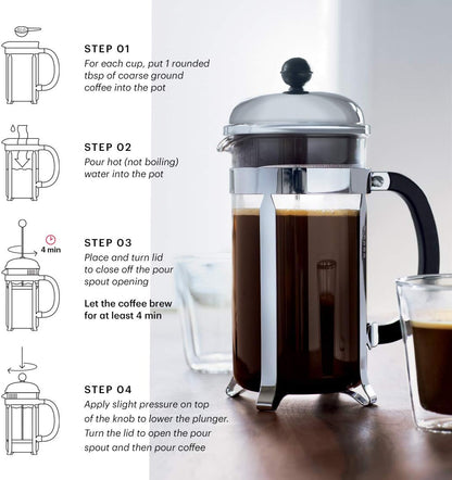 Bodum 34oz Chambord French Press Coffee Maker, High-Heat Borosilicate Glass, Stainless Steel, Black – Made in Portugal