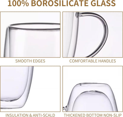 12OZ Double Wall Glass Cups With Handle, Large Glass Mugs Espresso Cups Set of 2, 330ML Clear Coffee Cup, Double Wall Insulated Mugs, Microwave Dishwasher Safe