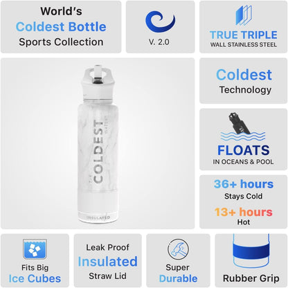 Coldest Insulated Water Bottle with Straw Lid - Stainless Steel Metal Insulated Bottle for Men & Women (Carrara Marble, 40 oz)