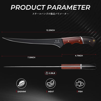 Fish Fillet Knife 7inch - Black Meat Slicing Knife in High Carbon Steel, Boning Knives for Meat Poultry Chicken Trimming, Fish Knives with Wooden Handle, Gift for Men