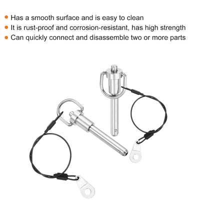 uxcell 1 Pcs Quick Release Pin, 5/16" x 1.57"(Dia. x L) Push-Button Ball Locking Pin 304 Stainless Steel Ring Handle Locking Pin with Wire for Audio Bimini Top Marine, Silver