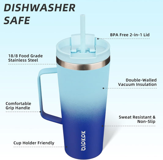 BJPKPK Insulated Tumbler with Handle, 22oz Insulated Tumblers with Lid and Straw, Stainless Steel Metal Water Bottles, Coffee Travel Mugs, Cups, Sky