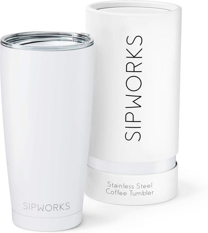 Stainless Steel Coffee Tumblers with Lids - 20z Double Walled Vacuum Insulated for Hot & Cold Drinks - Spill Resistant Travel Tumbler - Arctic White