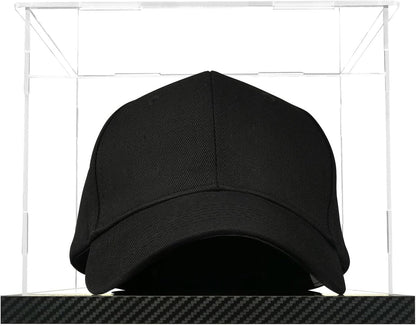 Clear Hat Display Case Acrylic Baseball Cap Holder Stand Transparent Hat Storage Box Dustproof Square UV Protection Cabinet with Carbon Fiber Skin Base and Removable Mirror Base