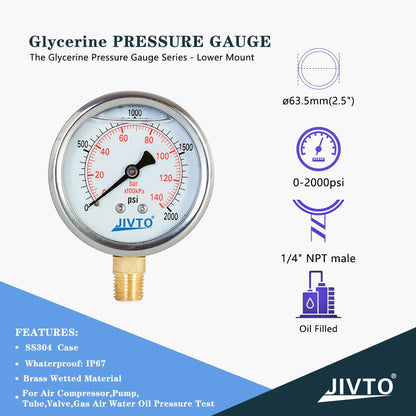 Pressure Gauge,Glycerin Liquid Filled,2.5" Dual Scale Dia,0-2000 psi/bar/kpa,1/4" NPT Male Brass Connection,Lower Mount, Stainless Steel Case,for Pneumatic,Pump,Hose,Well Tank,Gas Air Water Oil