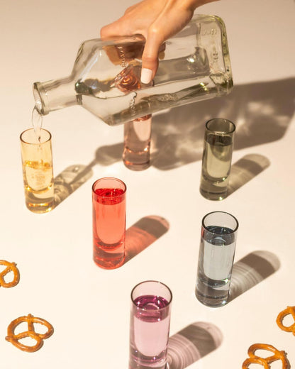 Saludi Colored Shot Glasses, 2oz (Set of 6) Multi-Color Glass with Wood Paddle - Luxury, Durable, Hand-Blown, Cute, Cool, Pink, Christmas, Rainbow, Unique, Tequila