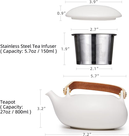 ZENS Teapot with Infuser, Ceramic Japanese 2cup Teapot for Loose Leaf Tea, 800ml Small Matte White Porcelain Tea Pot Gift with Modern Bentwood Handle