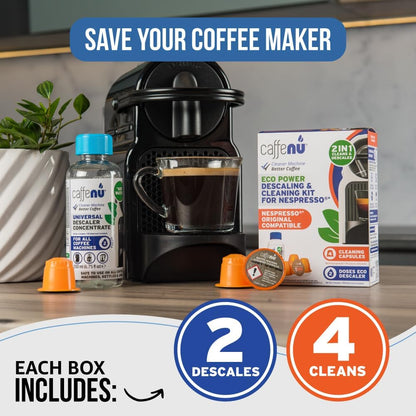 Nespresso Compatible Descaling Kit & Cleaning Pods. 2 Use Descaling Solution & 4 Cleaner Pods. Removes Limescale & Cleans Pod Area. Better Tasting, Hotter Coffee. Nespresso Originaline.