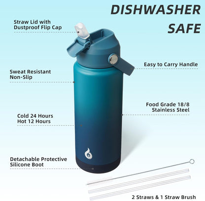 BJPKPK Water Bottle with Straw Lid, 24oz Vacuum Insulated Water Bottles, Metal Stainless Steel Thermos for Sports, Travel, BPA Free Leak Proof Thermos, Cups, Flasks, Tumblers,Vast