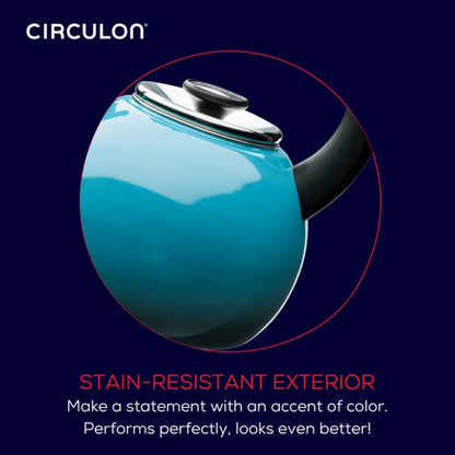 Circulon Enamel on Steel Whistling Teakettle/Teapot With Flip-Up Spout, 2 Quart - Turquoise Blue