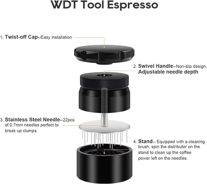 WDT Tool Espresso Stirrer, 22 Needle Espresso Distribution Tool for 58mm Portafilters, Professional Espresso Distributor Coffee Powder Stirring Tool, Black