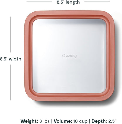 Caraway Glass Food Storage, 10 Cup Glass Container - Ceramic Coated Food Container - Non Stick Lunch Box Container with Glass Lids. Dishwasher, Oven, & Microwave Safe - Square Shape - Perracotta